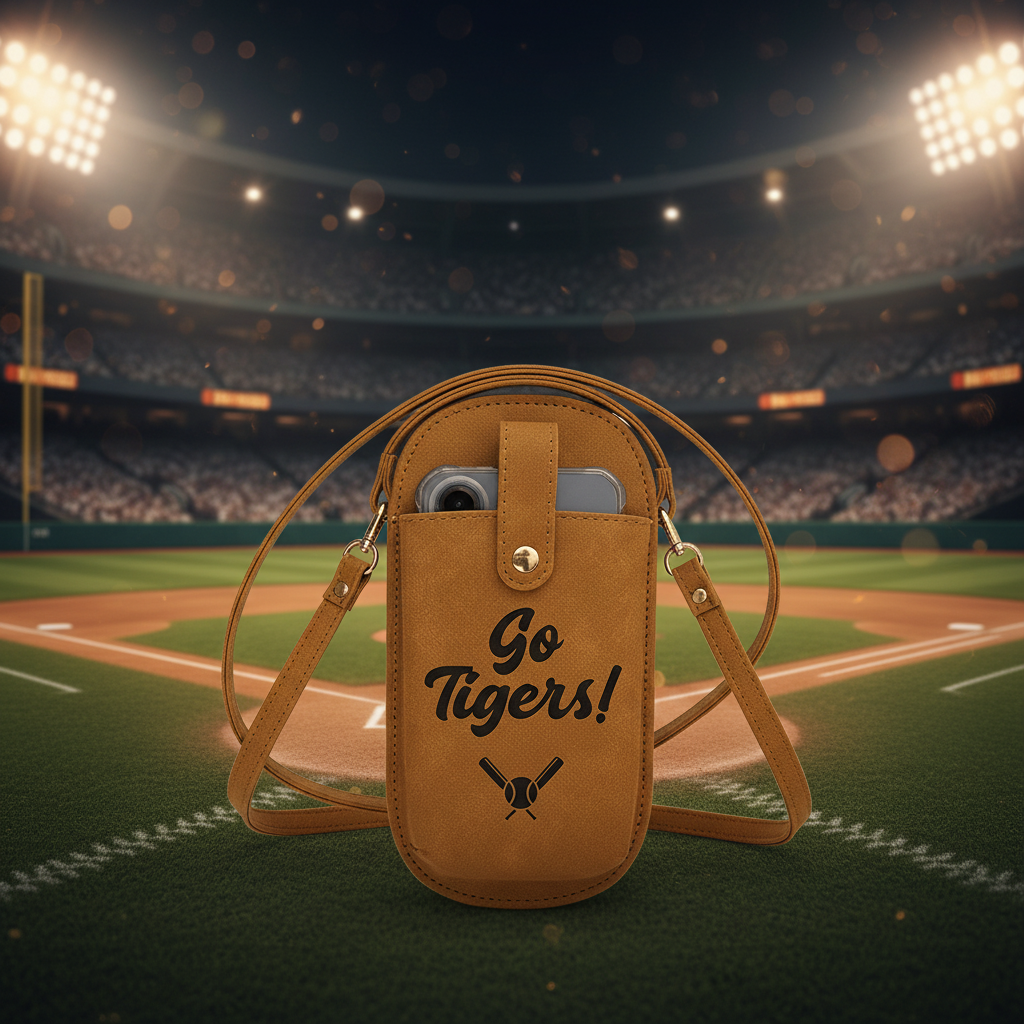 Brown leather pouch with 'Go Tigers!' text and a strap on a green background