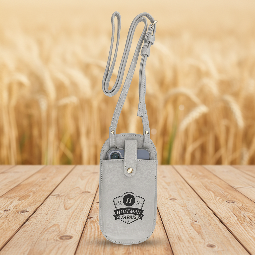 Gray crossbody pouch with Hoffman Farms logo on a transparent background