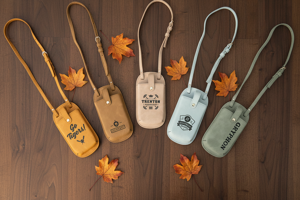 Five luggage tags in different colors on grass with leaves