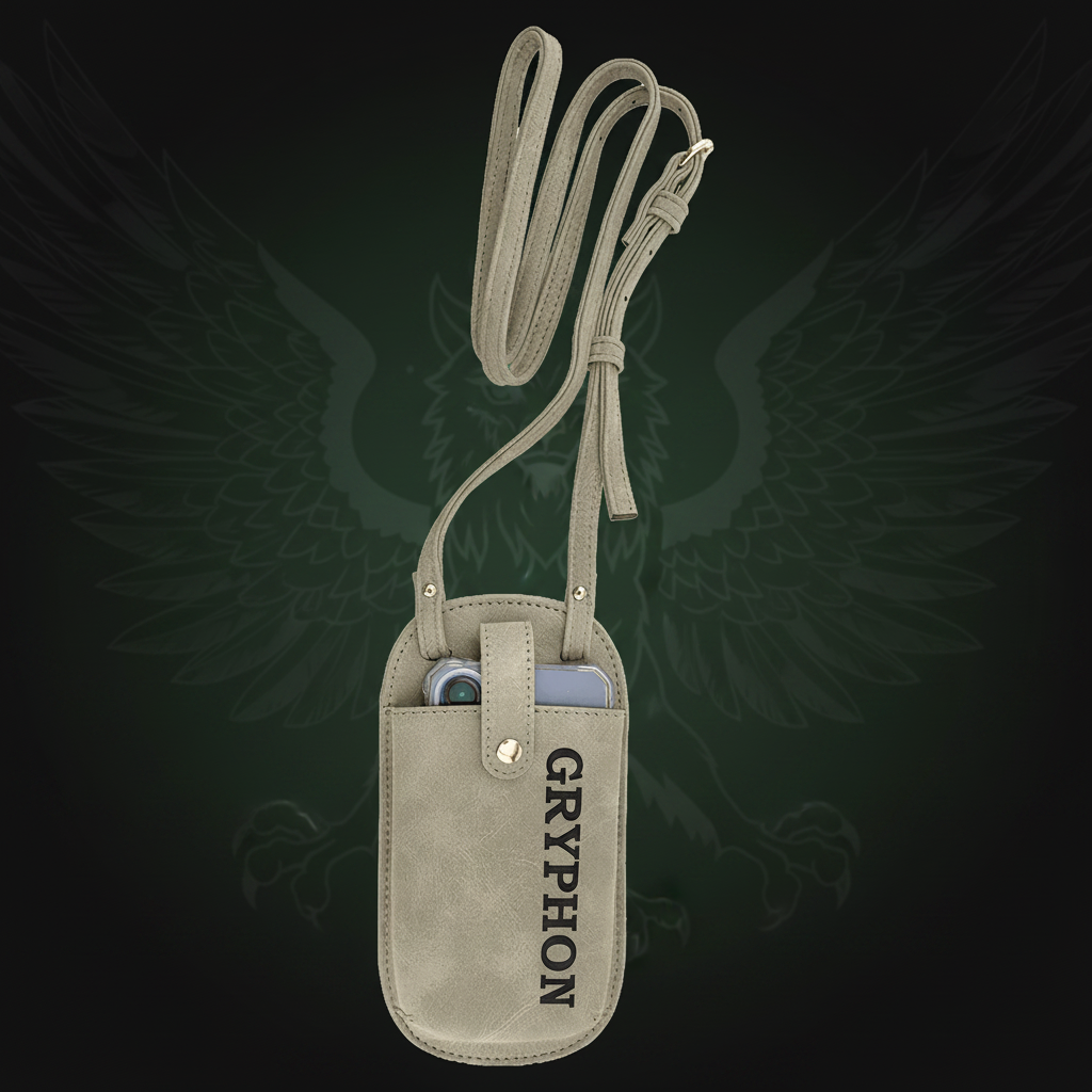 Gryphon phone case with strap on a transparent background
