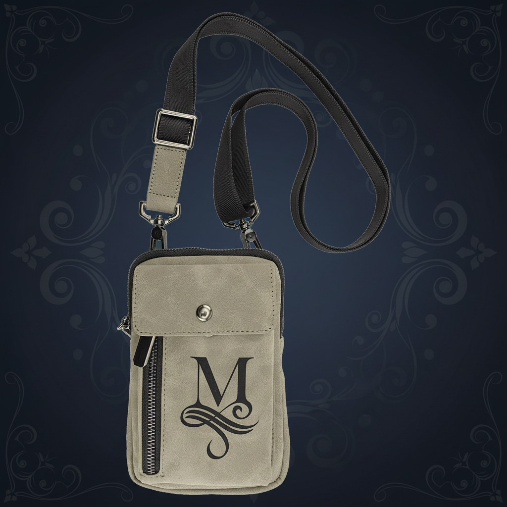 Small beige crossbody bag with a black strap and monogram 'M' on a transparent background