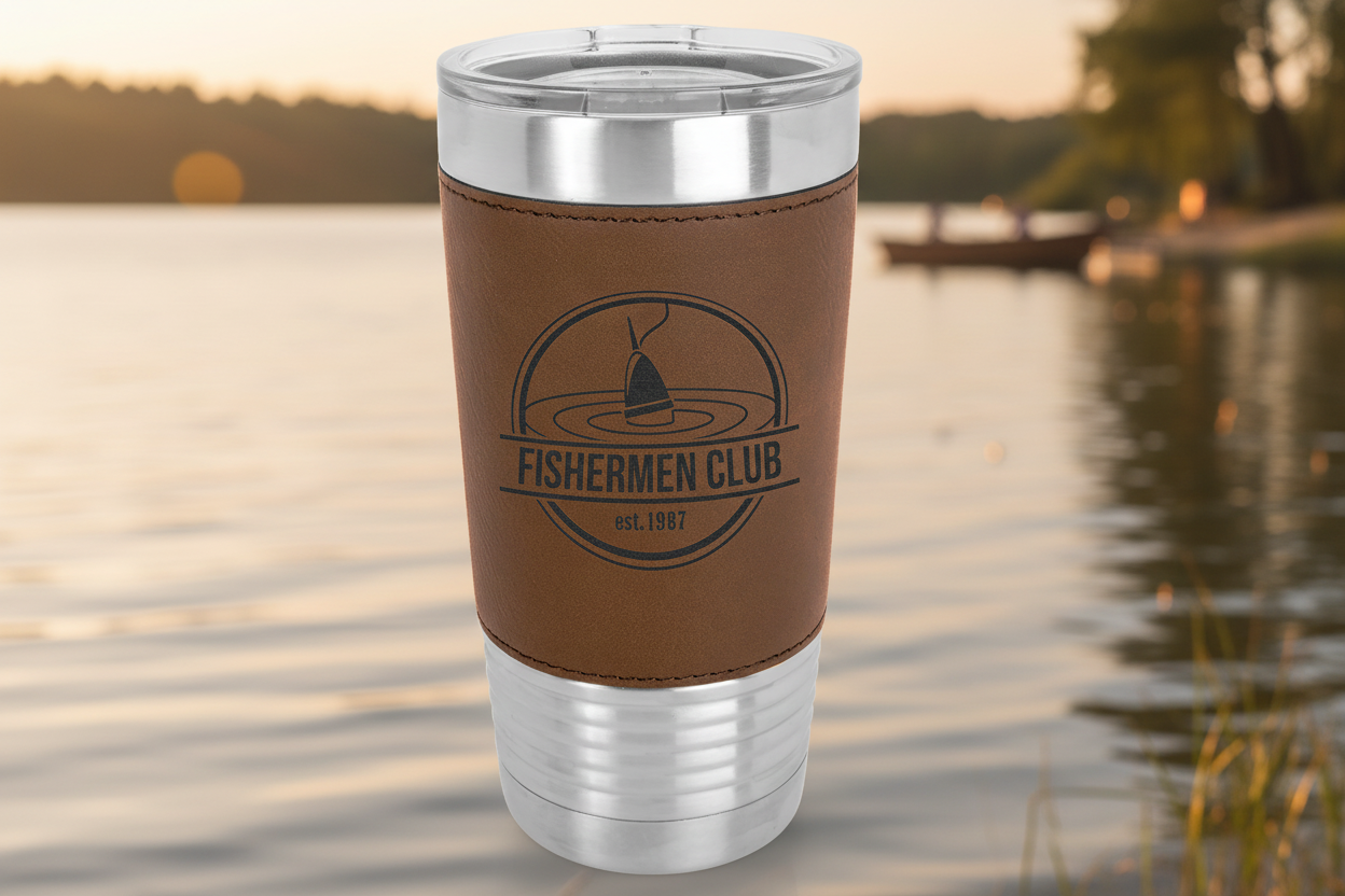 Tumbler with brown leather wrap and silver base and lid on a white background