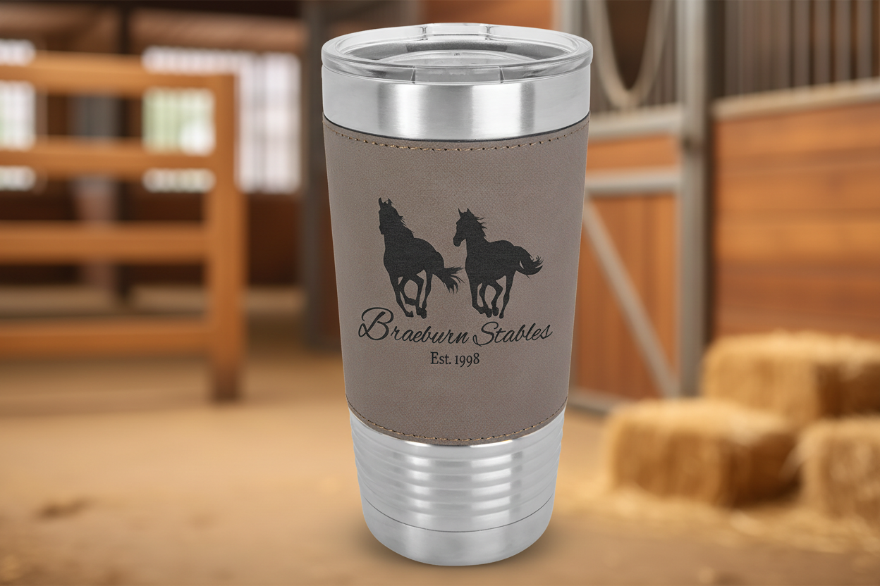 Stainless steel tumbler with brown leather wrap featuring horse design and 'Braeburn Stables' text on a white background.