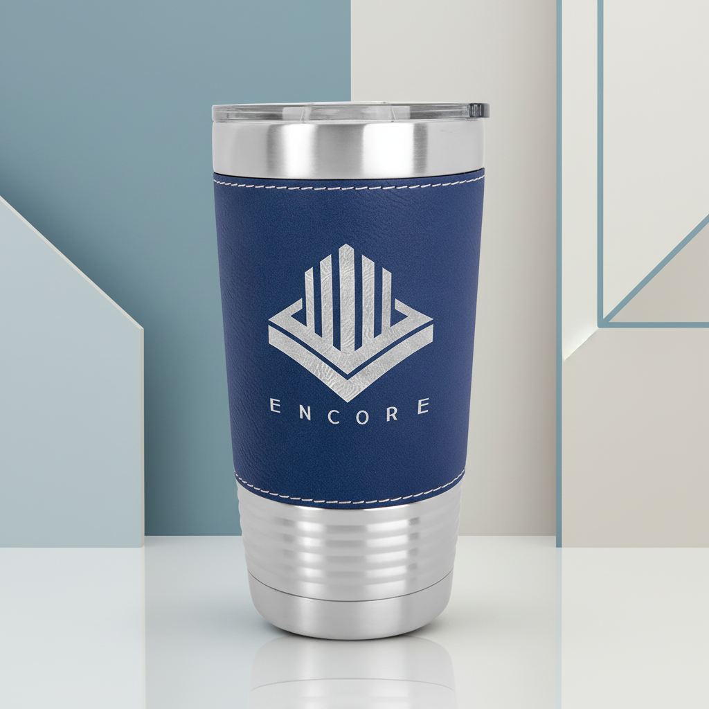 Blue tumbler with silver accents and 'Encore' logo on a clear background