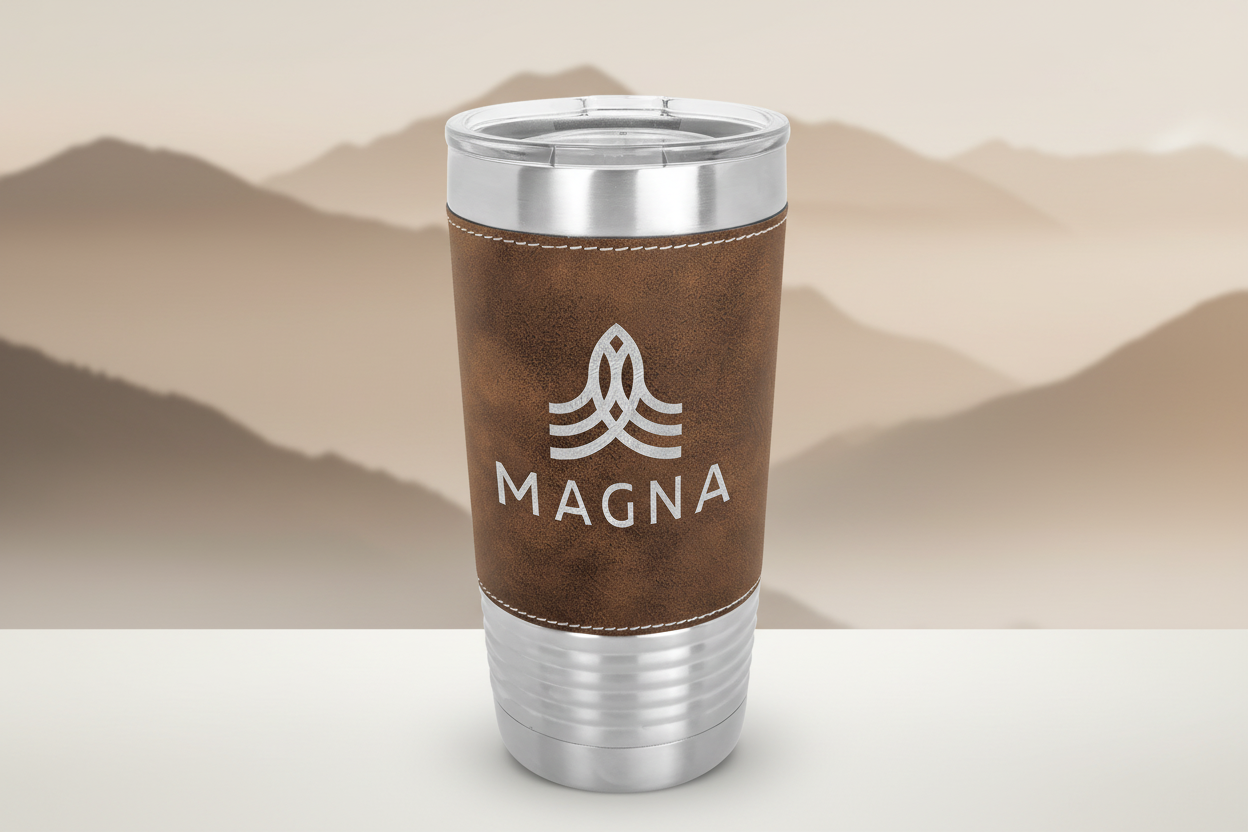 Brown leather-trimmed tumbler with silver accents and 'Magna' logo on a clear background