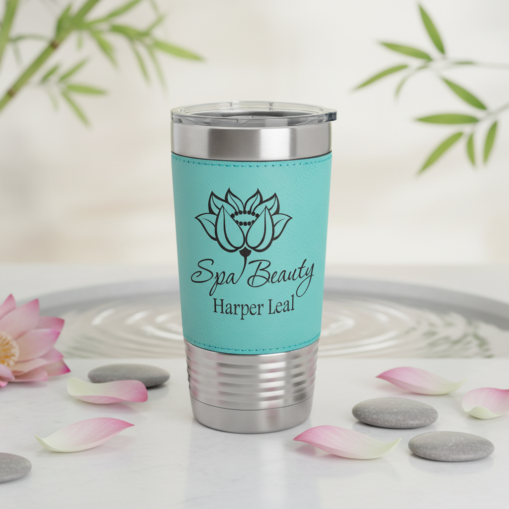 Turquoise tumbler with silver lid and 'Spa Beauty Harper Leal' branding on a green background