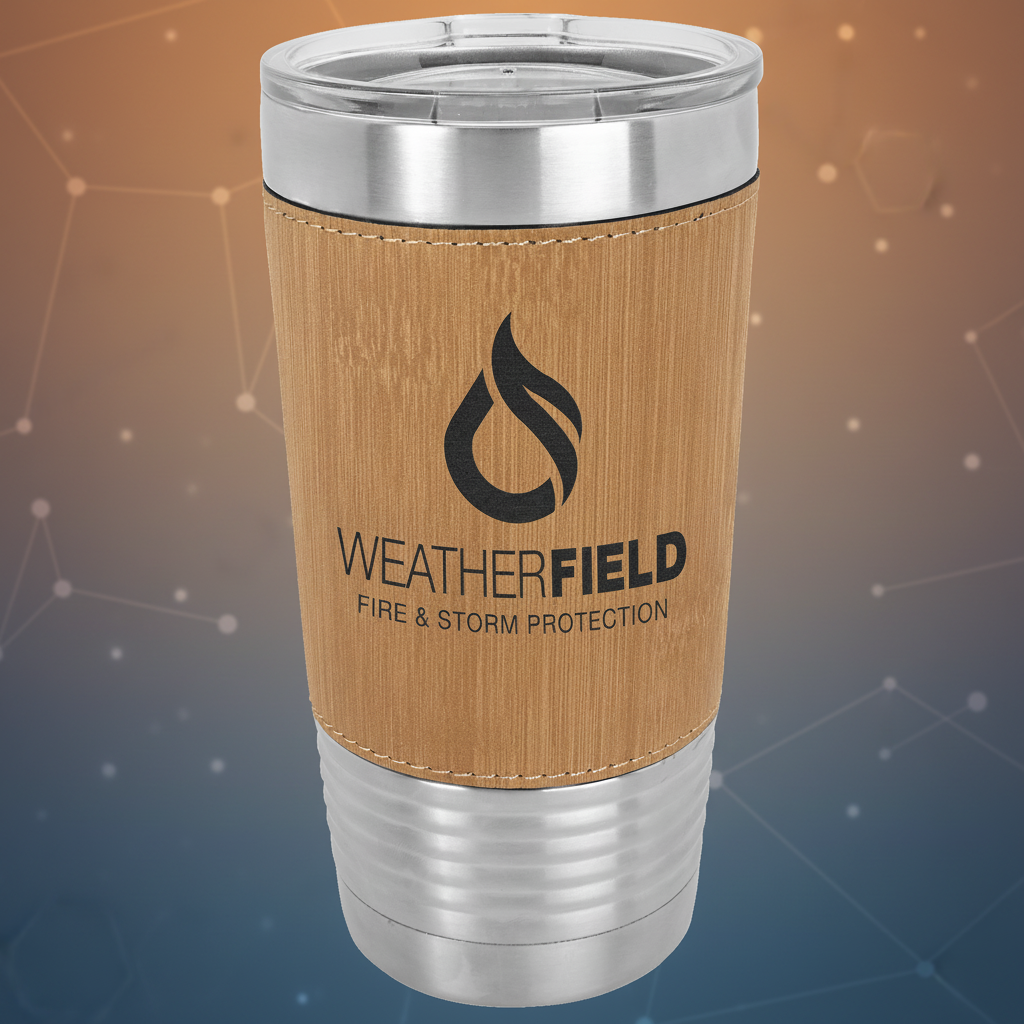 Bamboo tumbler with silver lid and base, featuring WeatherField logo on a white background