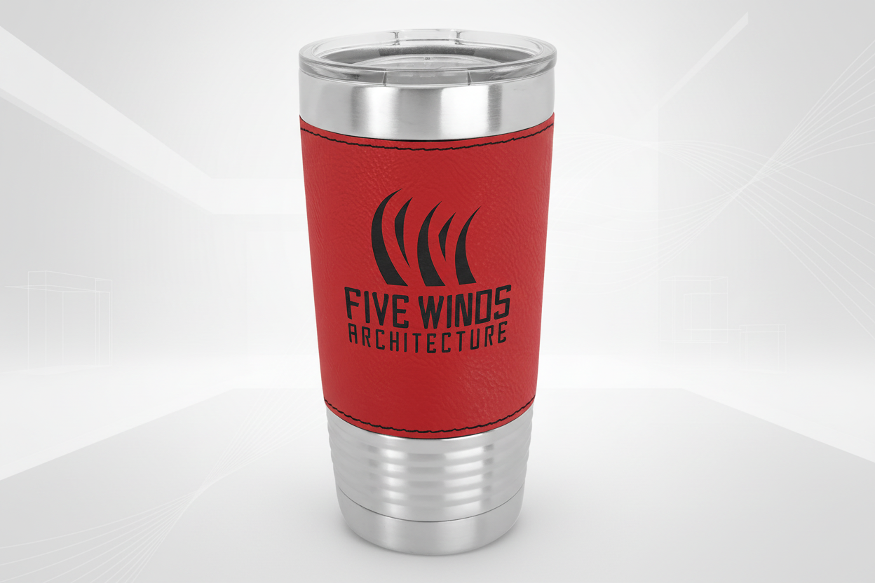 Red leather-bound tumbler with 'Five Winds Architecture' logo on a clear background