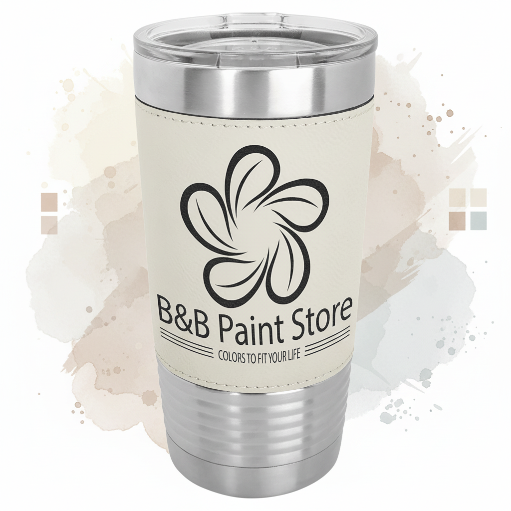 Tumbler with B&B Paint Store logo on a beige sleeve against a white background
