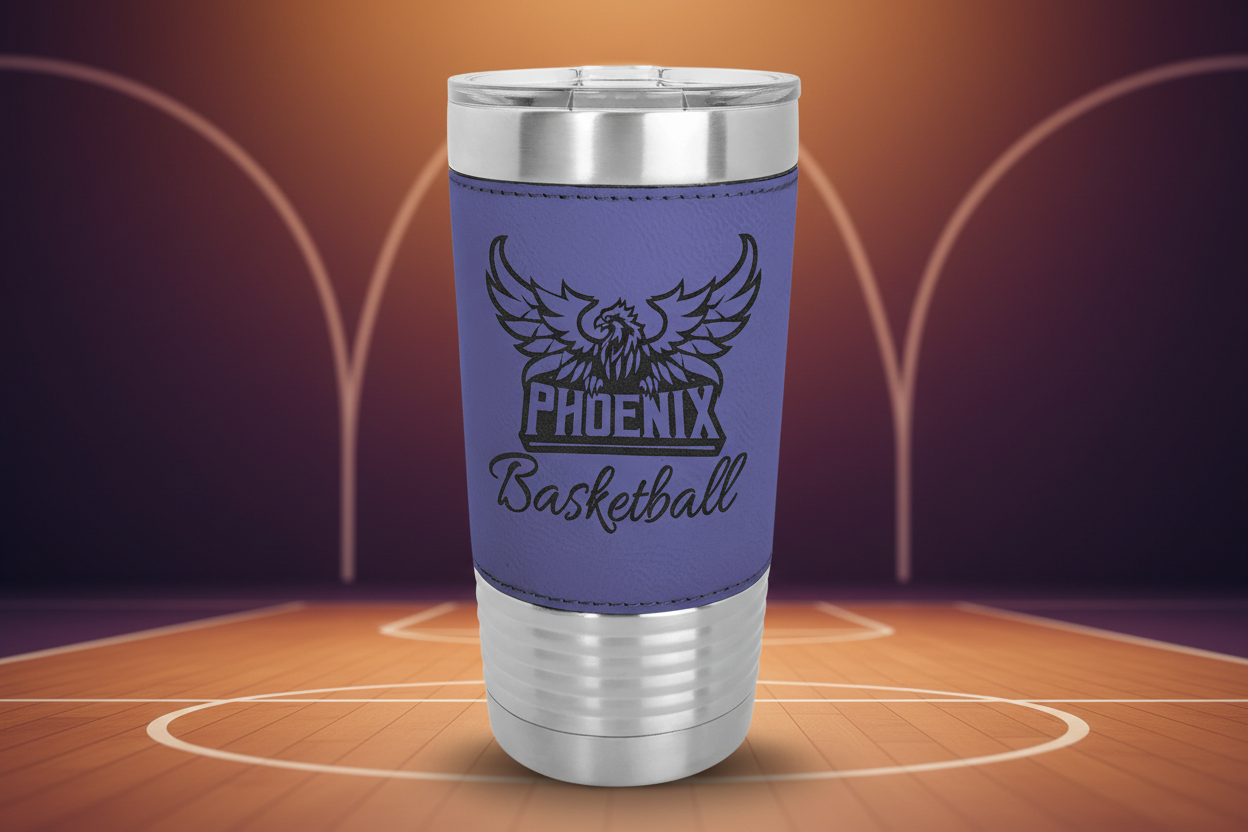 Purple tumbler with 'Phoenix Basketball' and eagle logo on a clear background