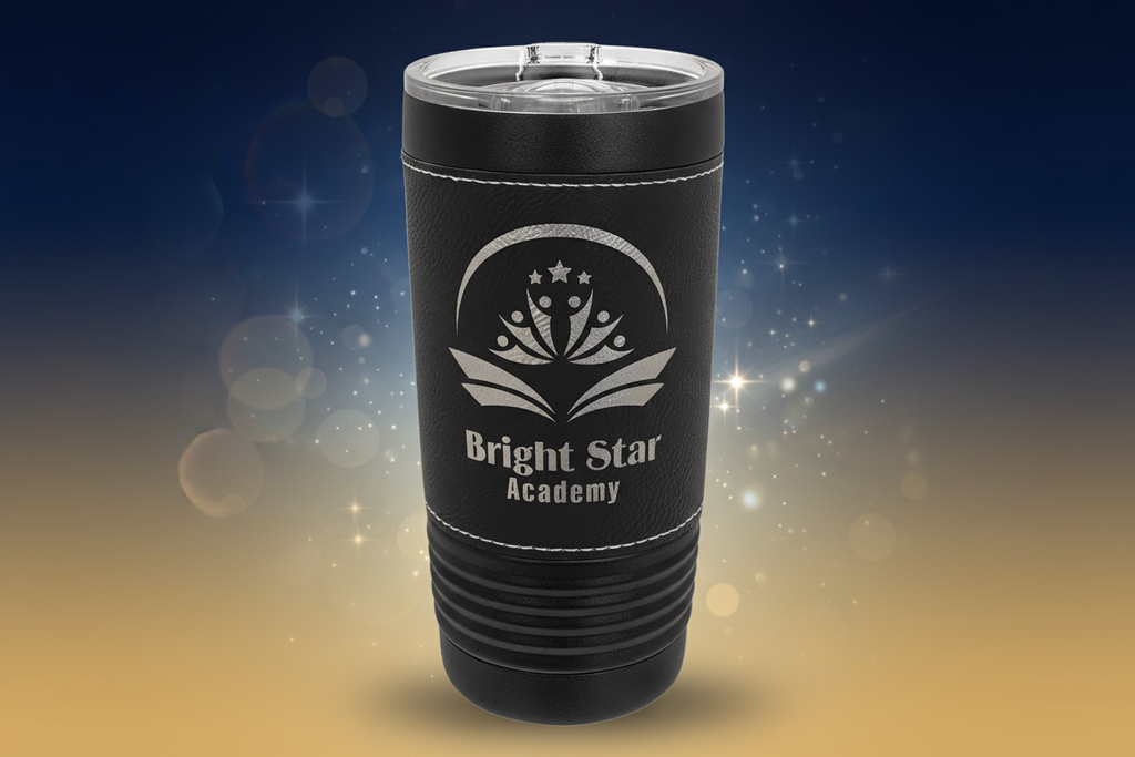 Black tumbler with 'Bright Star Academy' logo on a clear background