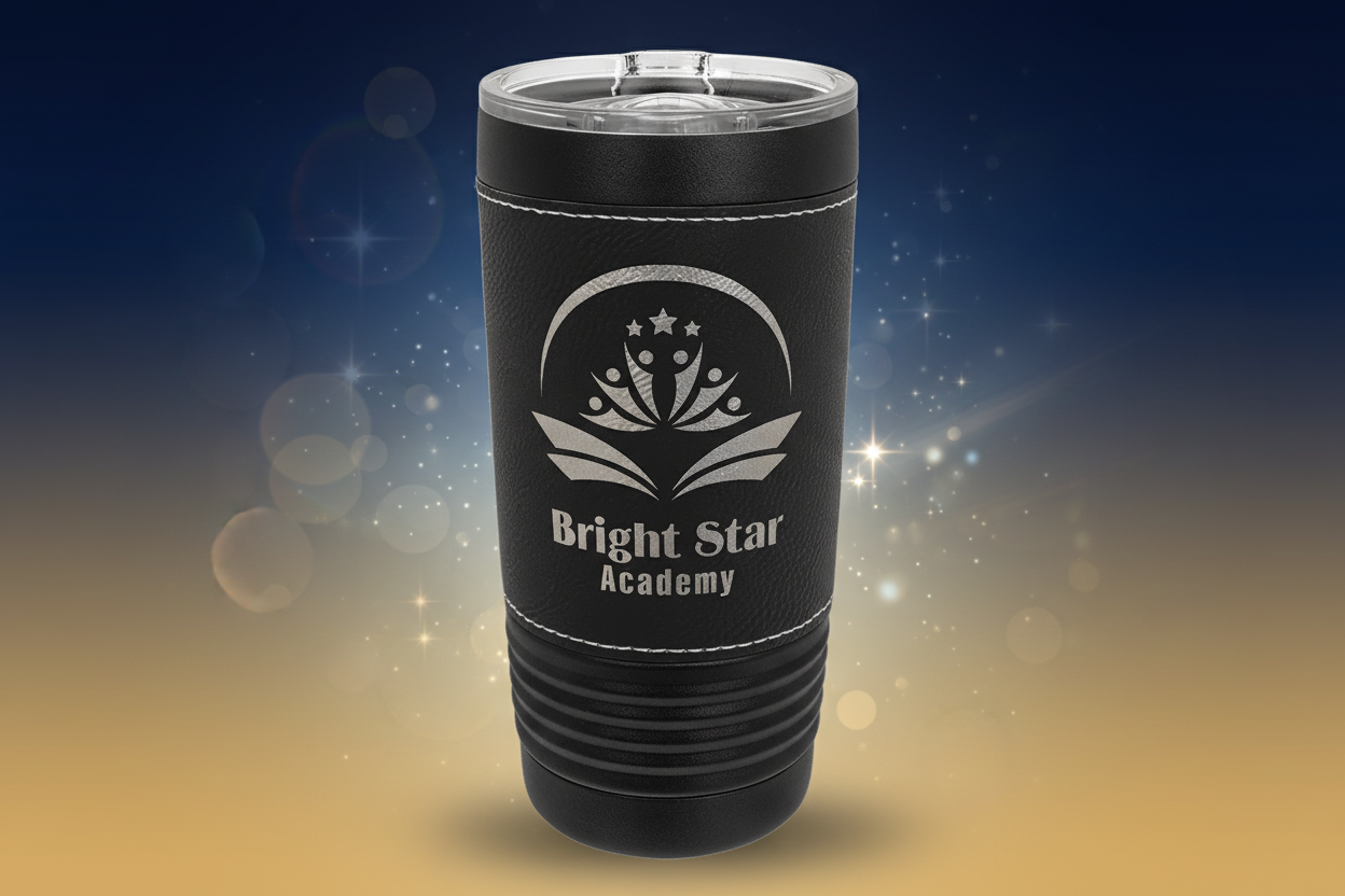 Black tumbler with 'Bright Star Academy' logo on a clear background