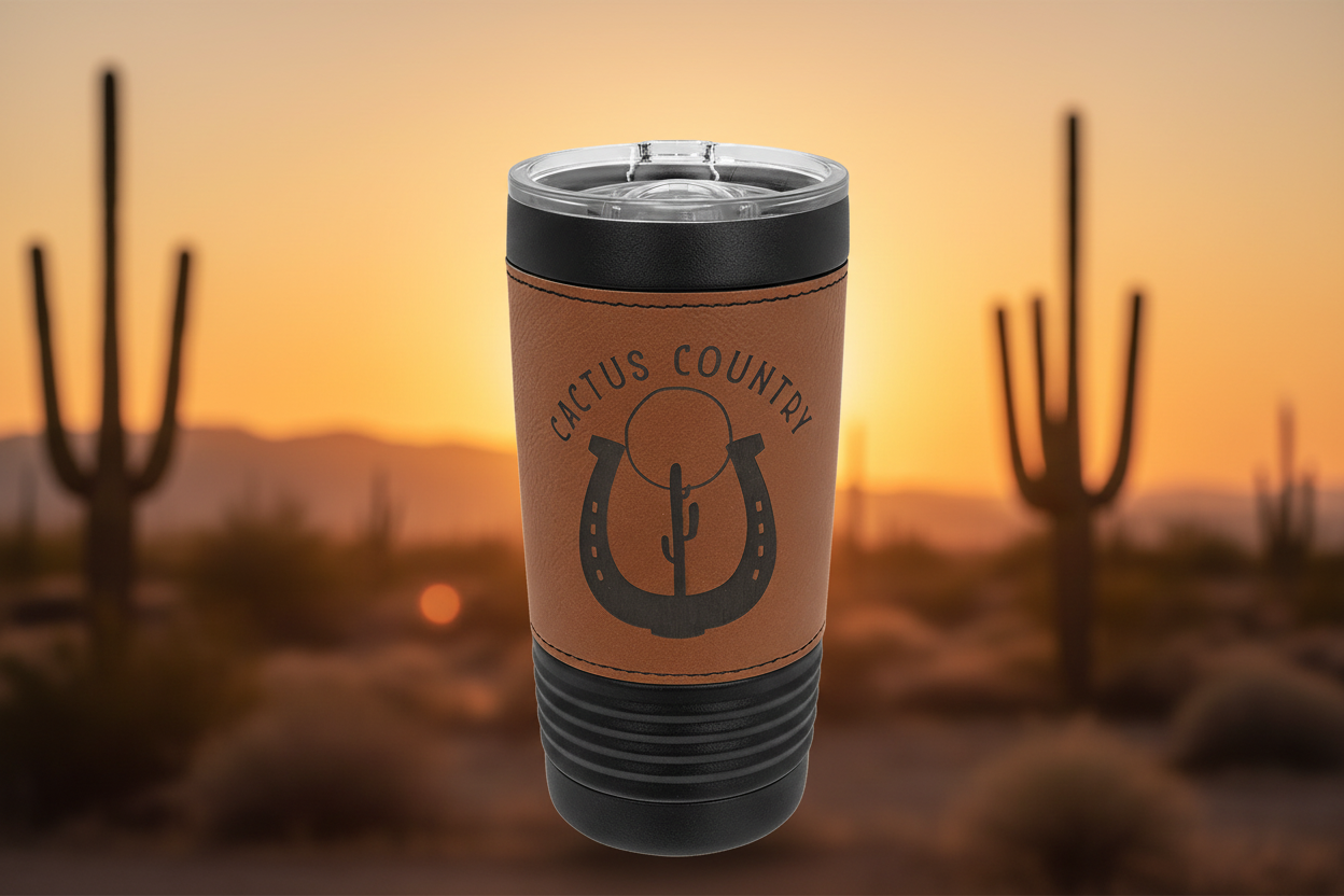 Tumbler with brown leather wrap featuring 'Cactus Country' design on a clear background
