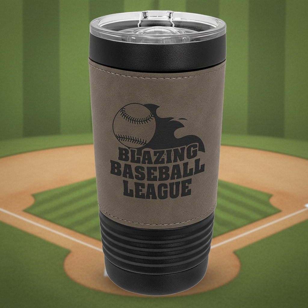 Gray tumbler with black base and lid, featuring 'Blazing Baseball League' text and logo.