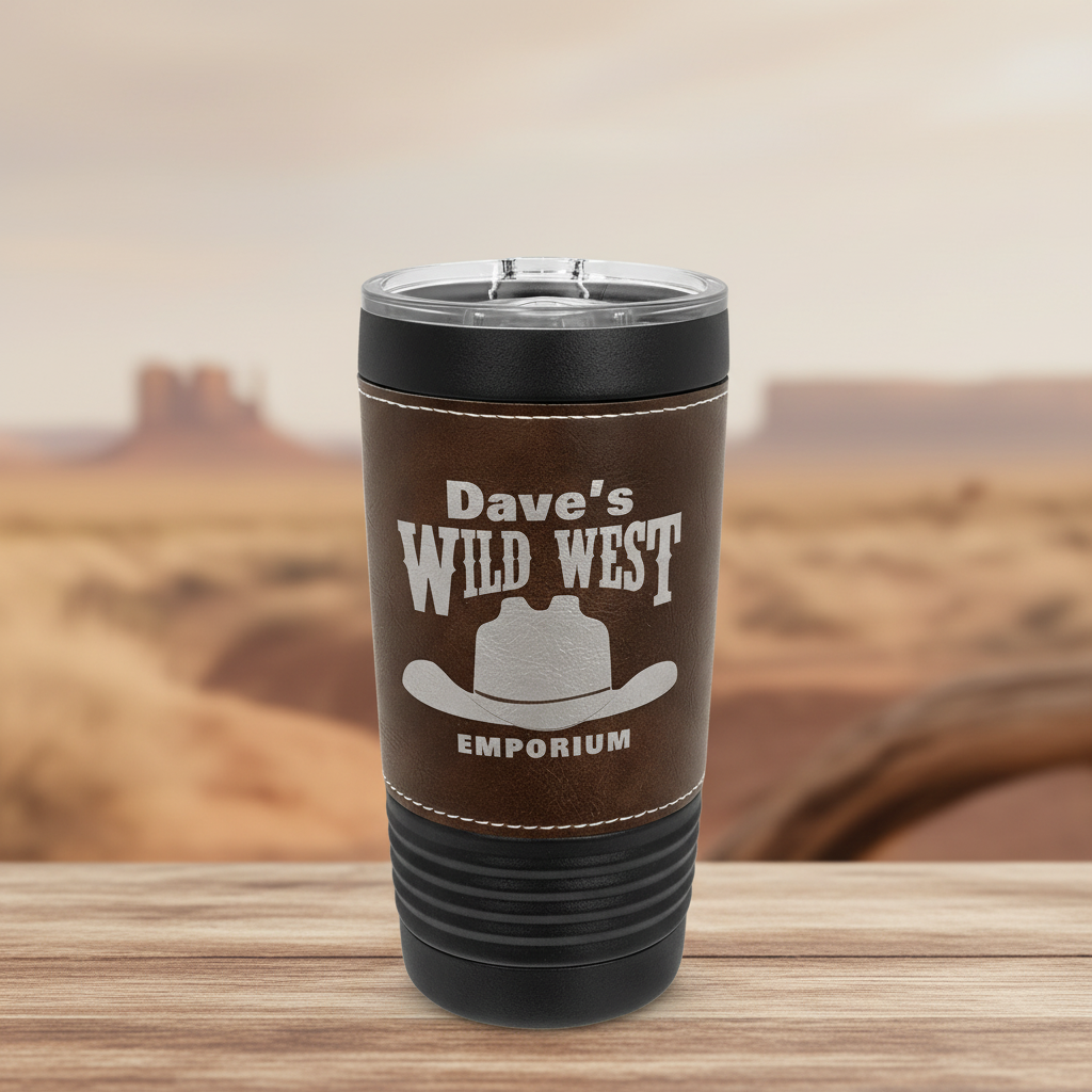 Rustic Brown leather tumbler with 'Dave's Wild West Emporium' text and cowboy hat graphic on a clear background