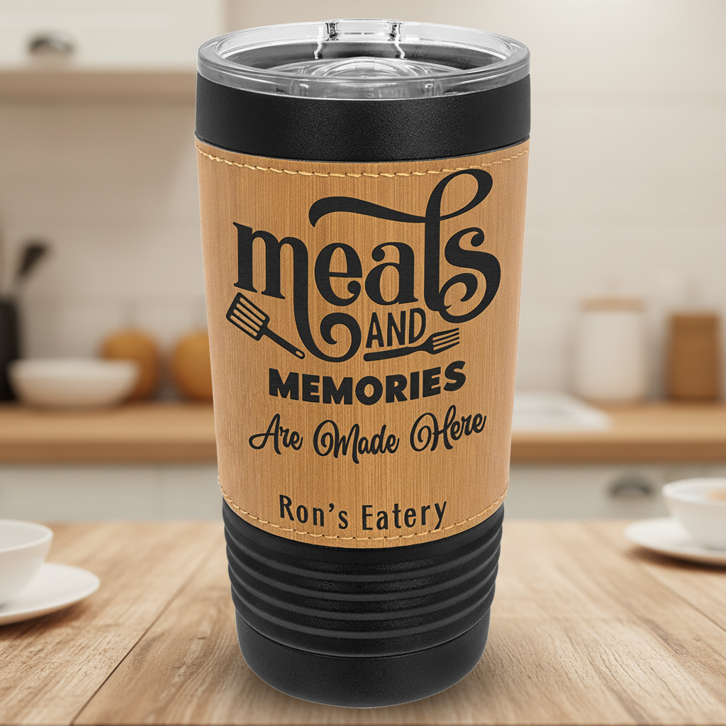 Tumbler with 'meals and memories are made here' text and black lid on a clear background