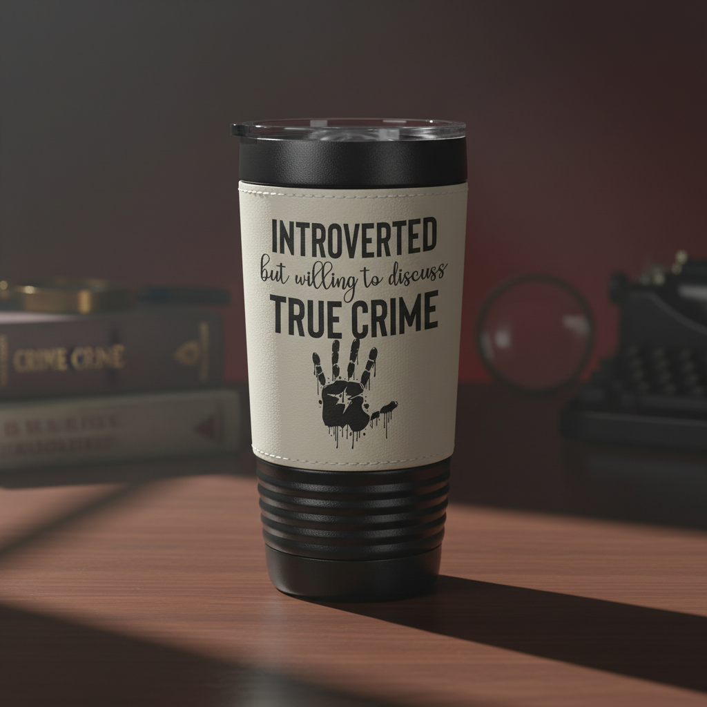 Tumbler with 'Introverted but willing to discuss TRUE CRIME' text and handprint design on a beige background.