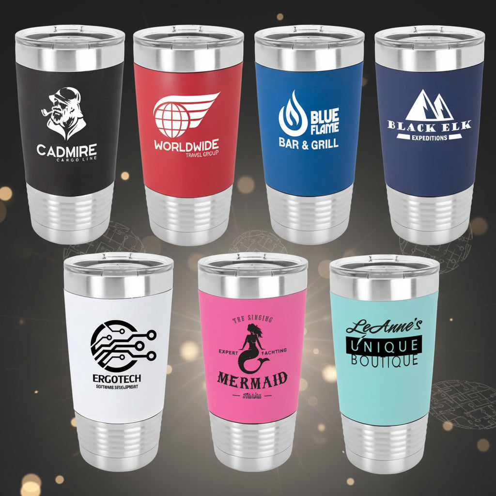 Set of 8 branded stainless steel tumblers with various logos and colors on a white background.