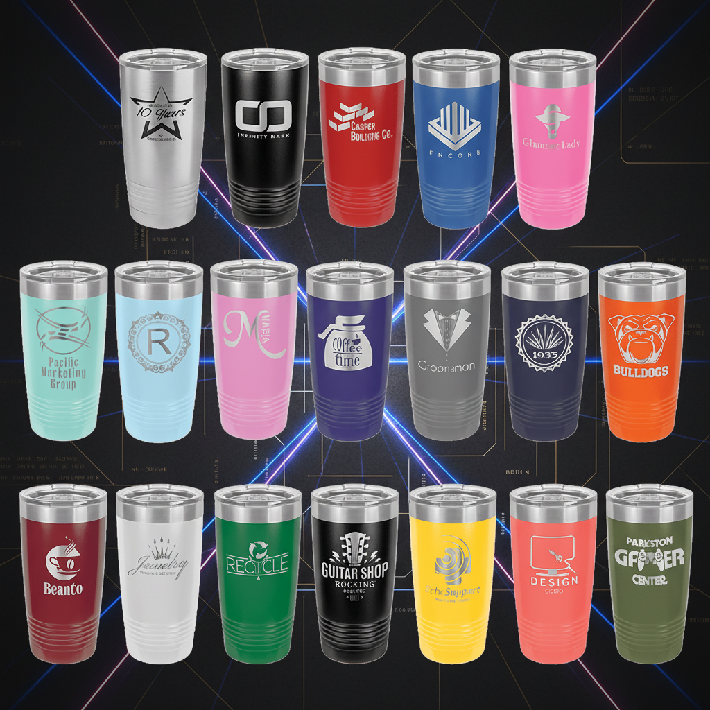 Collection of stainless steel tumblers in various colors with different designs and logos.