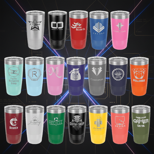Collection of stainless steel tumblers in various colors with different designs and logos.