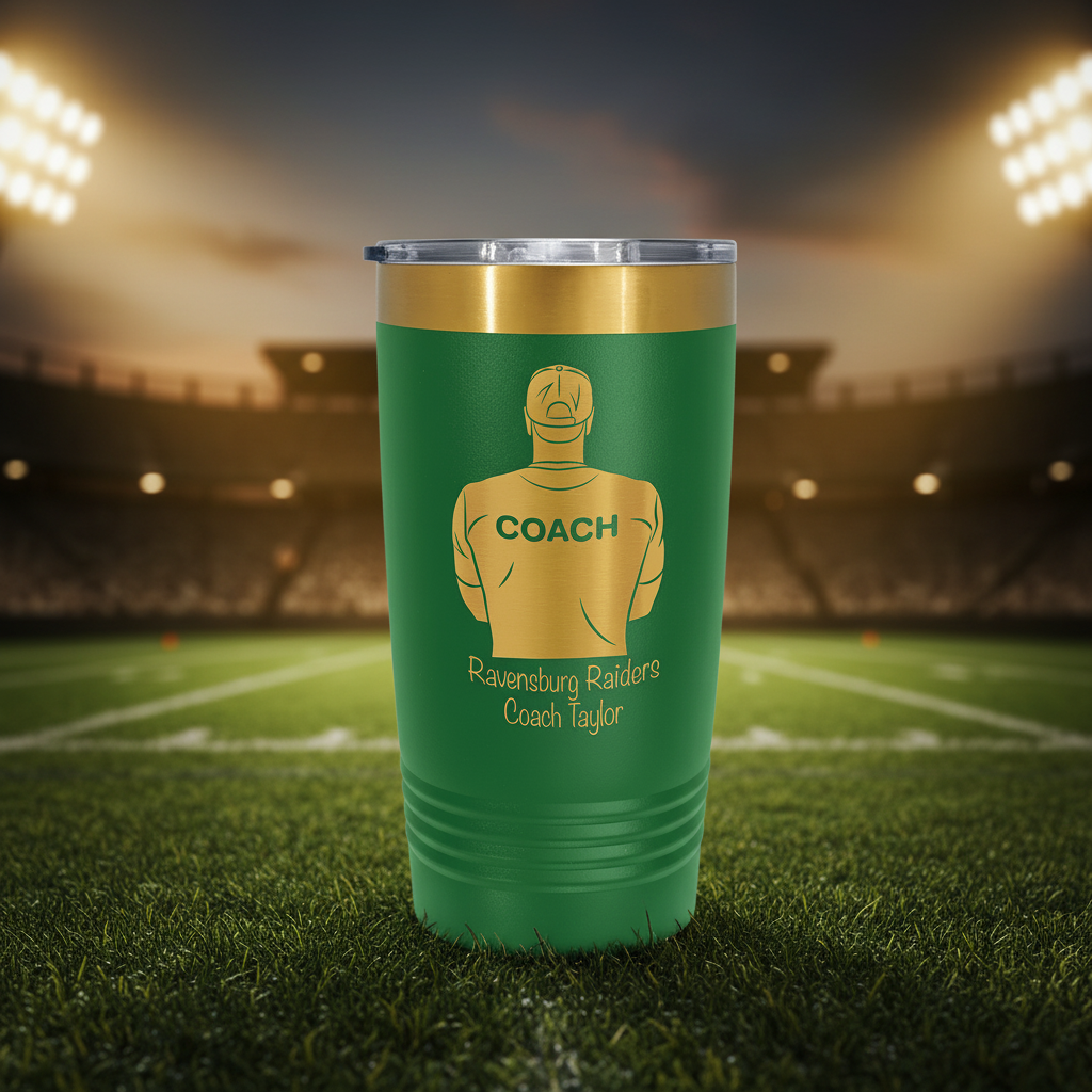 Green tumbler with gold accents featuring a coach illustration and text on a green background