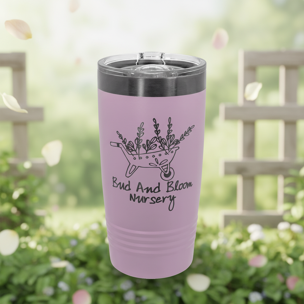 Purple tumbler with 'Bud And Bloom Nursery' design on a clear background
