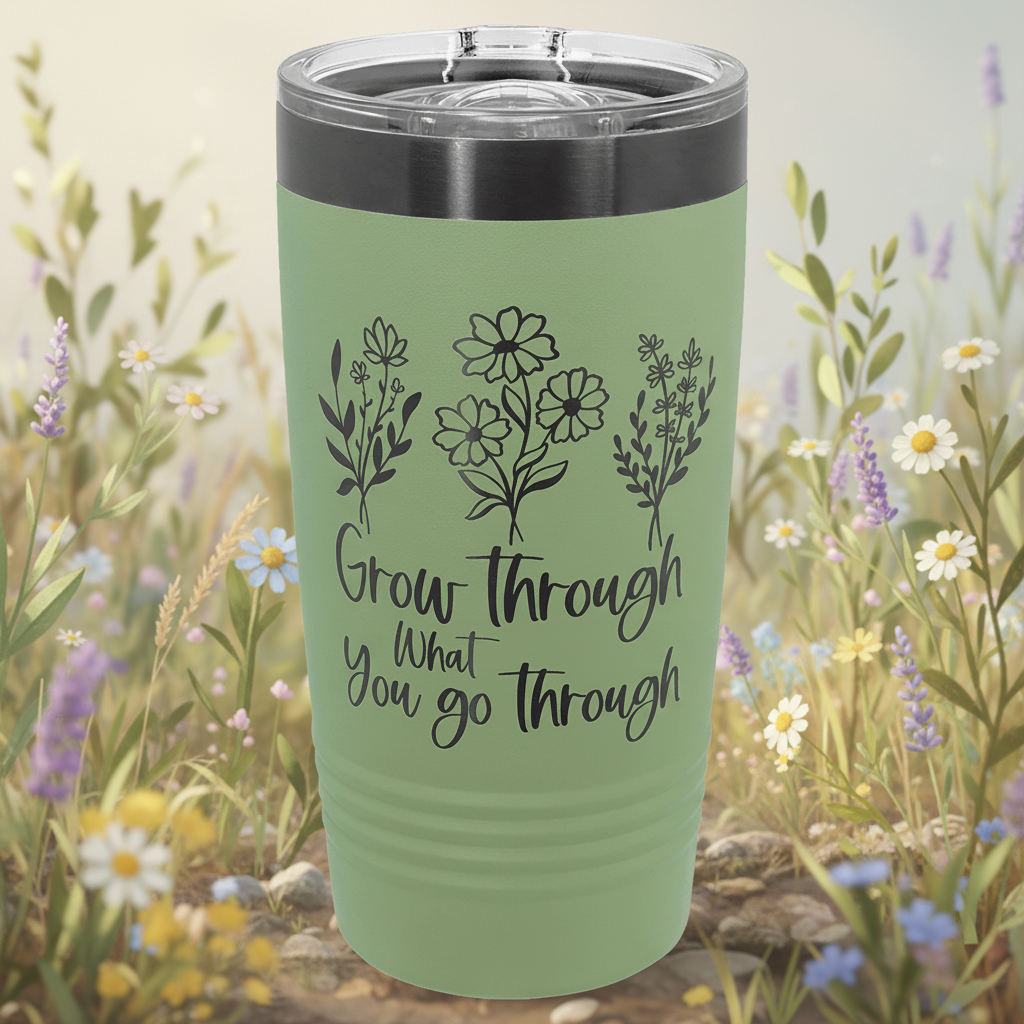 Green tumbler with floral designs and motivational quote on a transparent background
