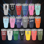 Collection of stainless steel tumblers in various colors with different designs and text.