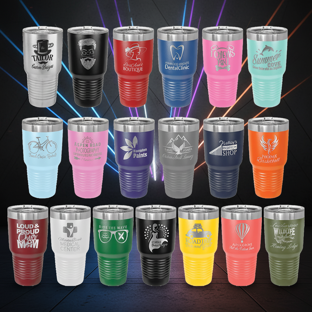 Collection of stainless steel tumblers in various colors with different designs and text.