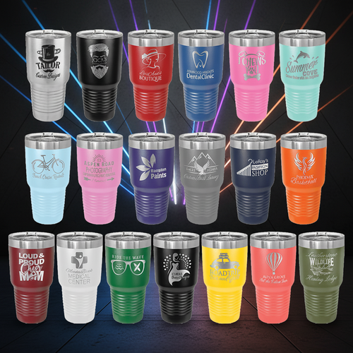 Collection of stainless steel tumblers in various colors with different designs and text.