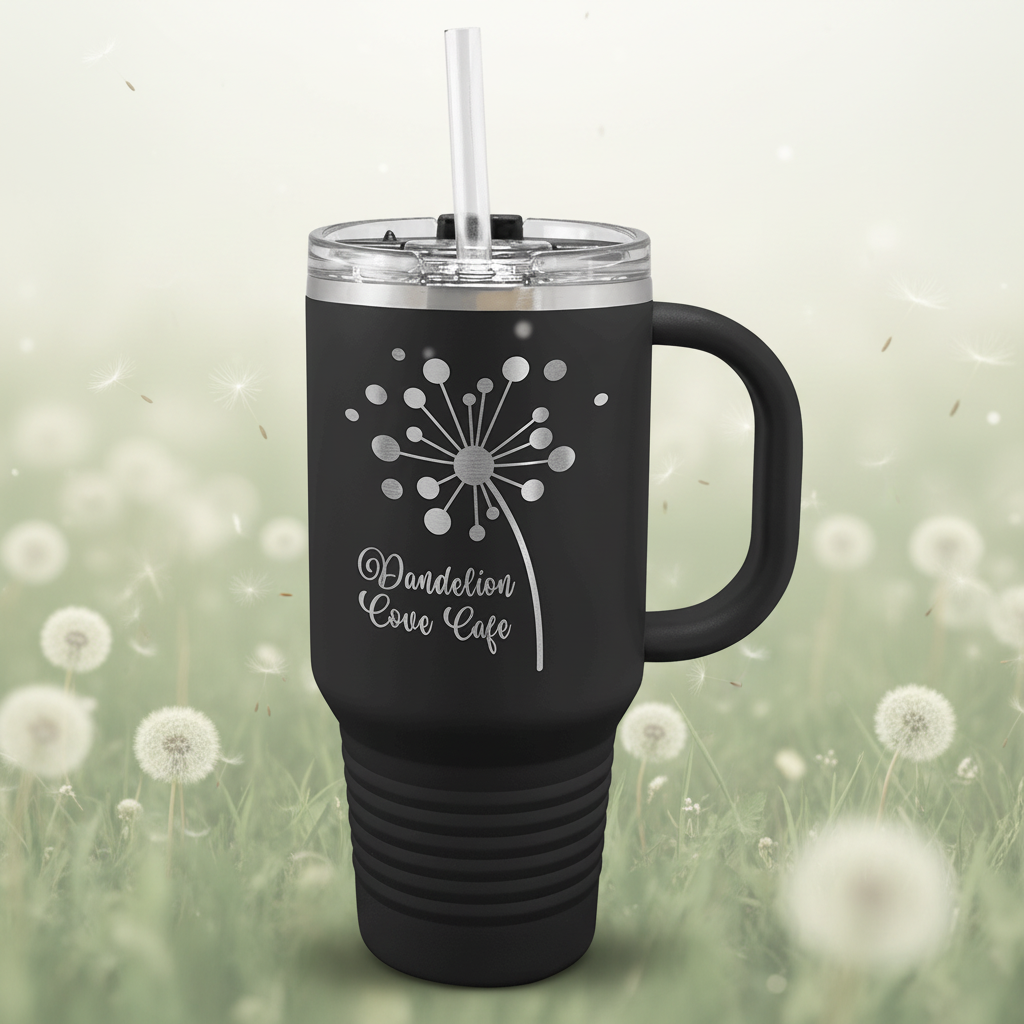 Black mug with dandelion design and text on a white background