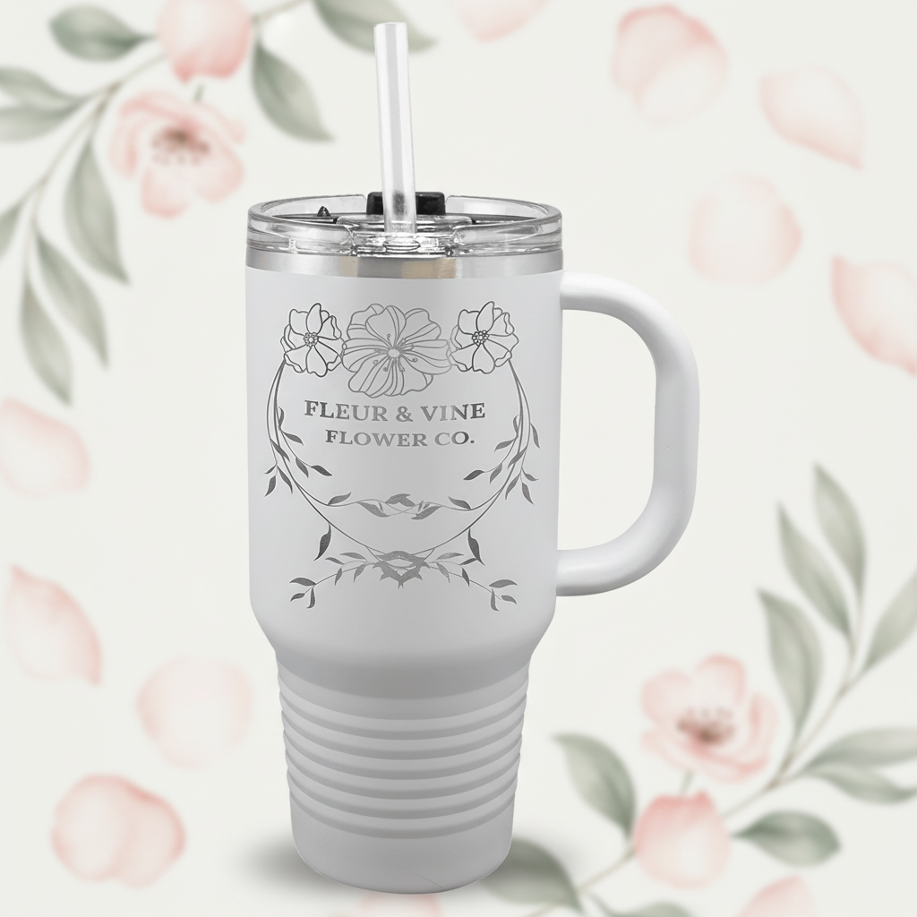 White tumbler with handle and straw featuring 'Fleur & Vine Flower Co.' design on a white background
