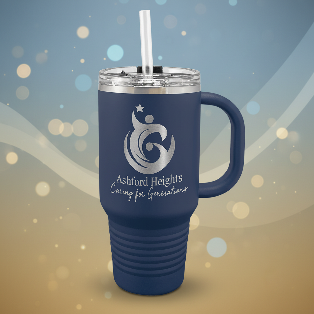 Navy blue mug with handle and straw featuring Ashford Heights logo on a green background