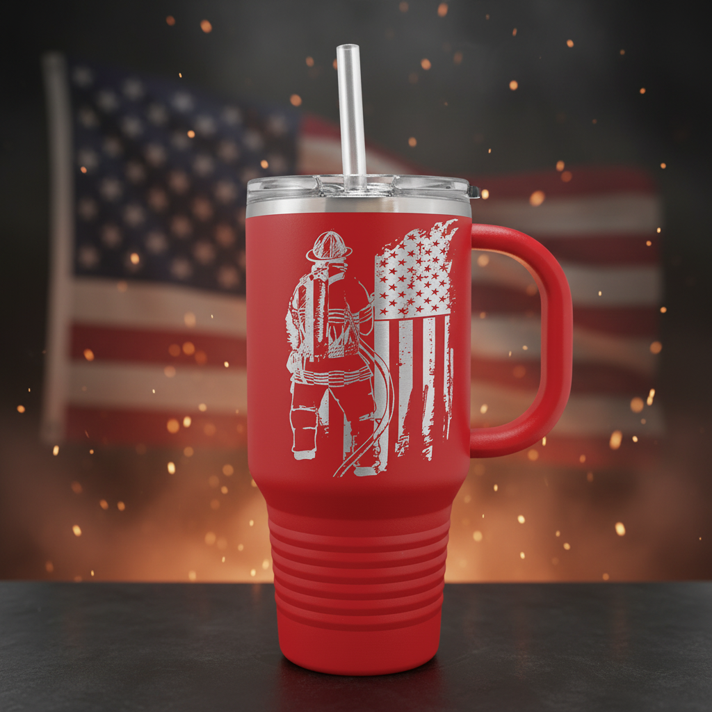 Red mug with a handle featuring a firefighter and American flag design on a green background