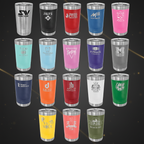 Collection of stainless steel tumblers in various colors with different designs and text.