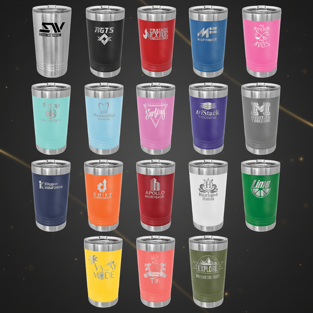 Collection of stainless steel tumblers in various colors with different designs and text.