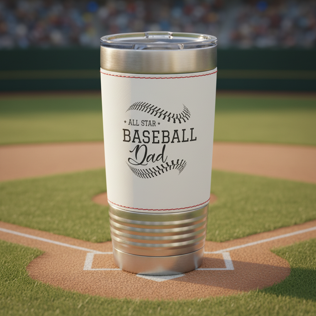 White tumbler with 'All Star Baseball Dad' text and baseball stitching design on a white background
