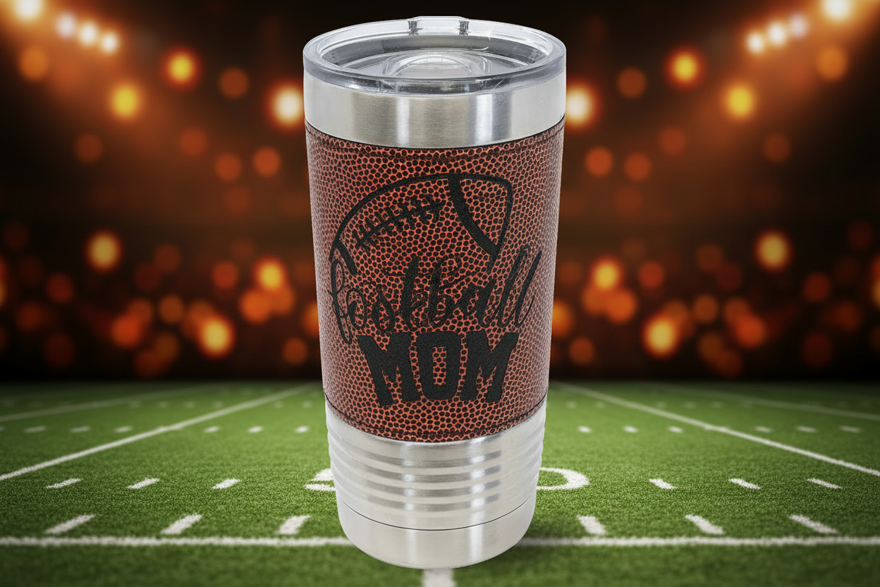 Tumbler with 'Football Mom' text on a football field background