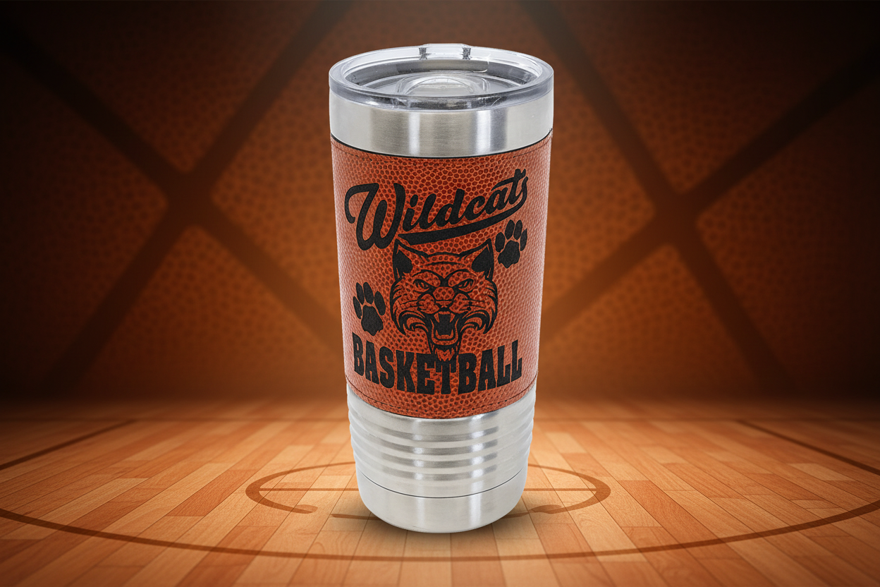 Tumbler with basketball design and 'Wildcat Basketball' text on a clear background