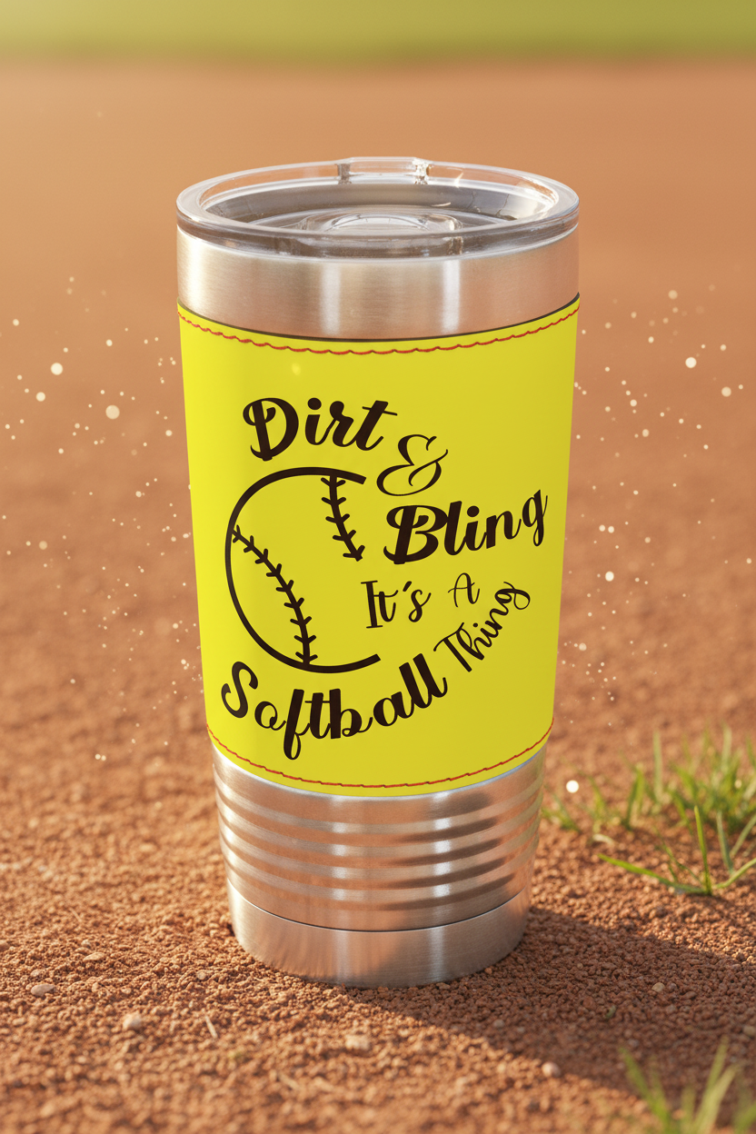 Tumbler with yellow sleeve featuring a softball design and text on a white background