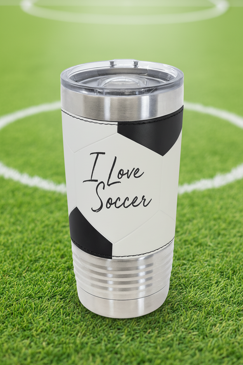 Tumbler with 'I Love Soccer' text on a white background