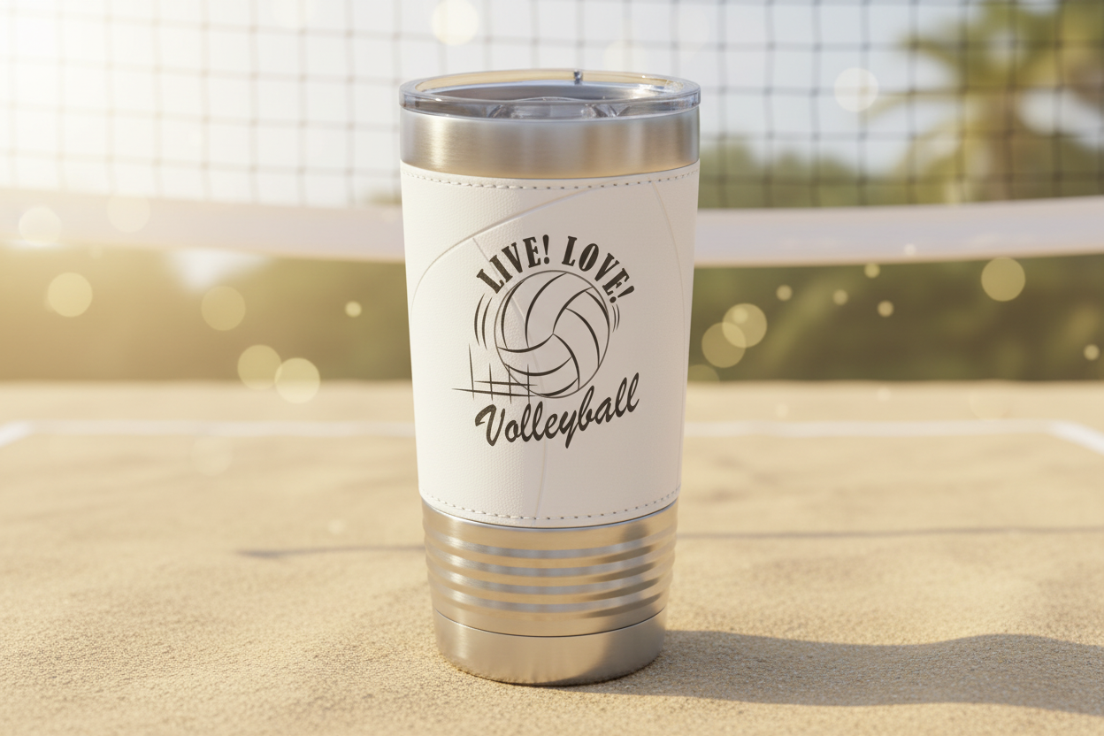 White tumbler with 'Live! Love! Volleyball' design on a white background