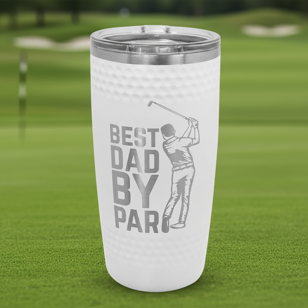 White tumbler with 'Best Dad By Par' text and golf graphic on a white background