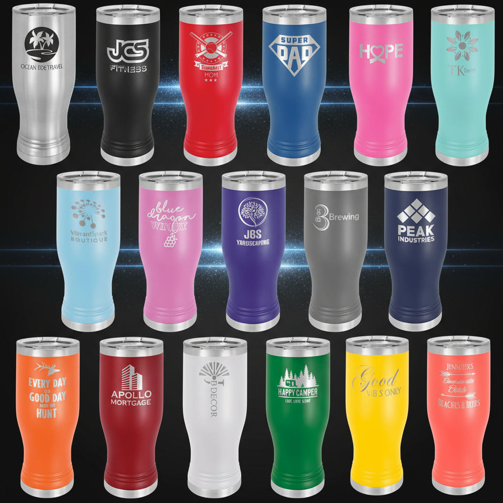 Collection of insulated tumblers in various colors with different designs and text.