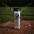 Silver water bottle with black lid featuring a bear logo and 'Bears Baseball' text on a white background