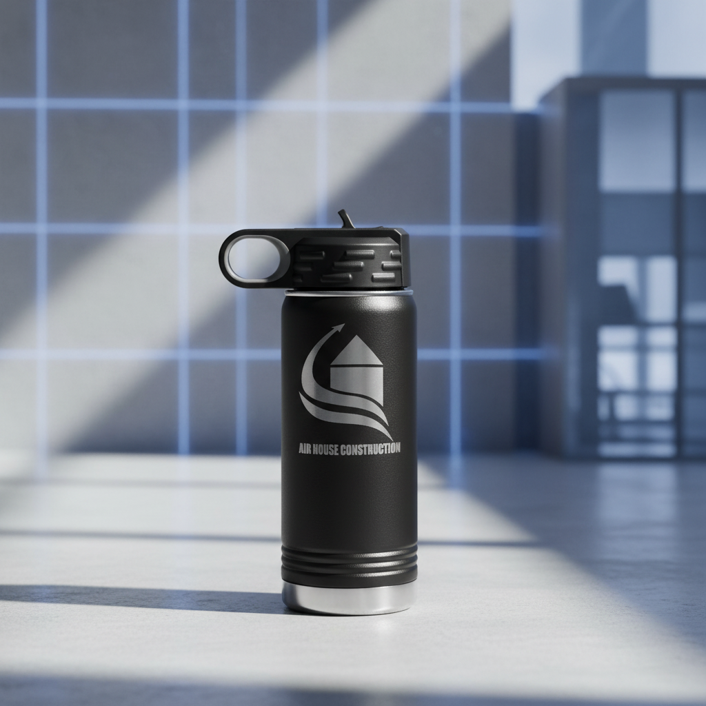 Black insulated water bottle with 'Air House Construction' logo on a white background