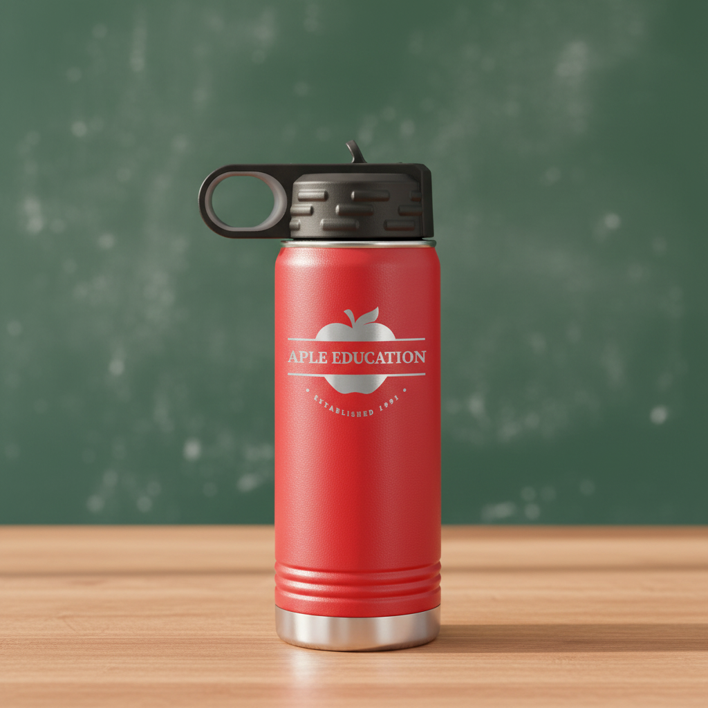 Red insulated bottle with black lid featuring 'Apple Education' logo on a white background