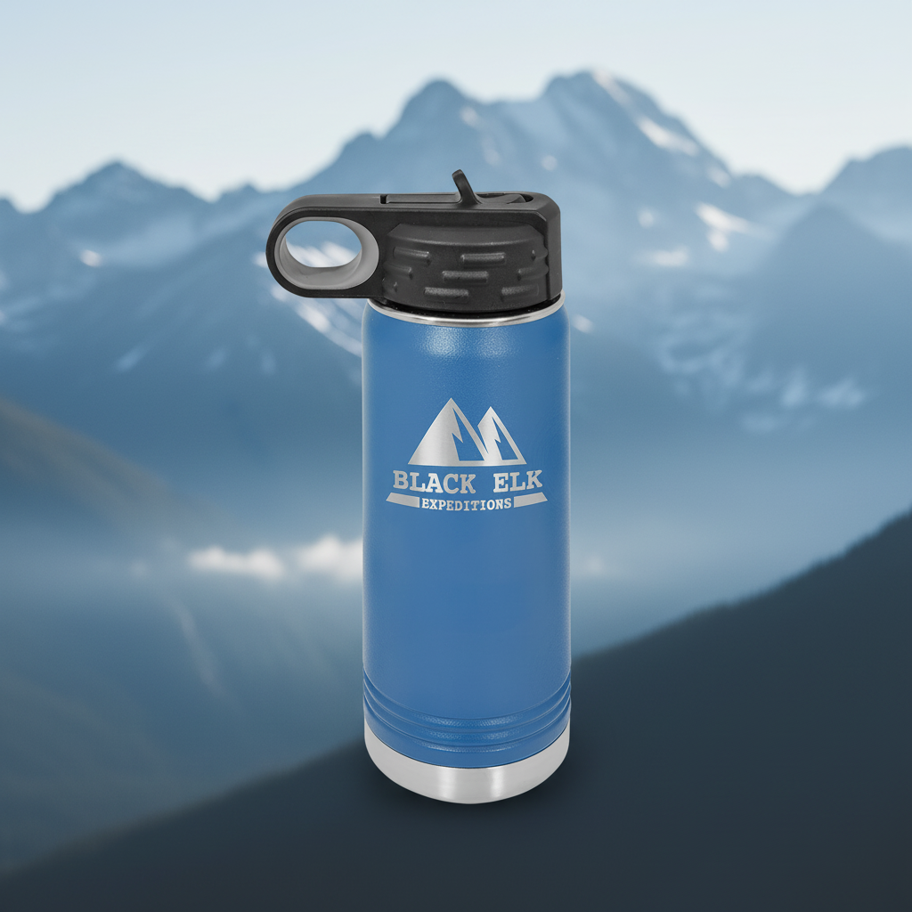 Blue insulated mug with Black Elk Expeditions logo on a white background