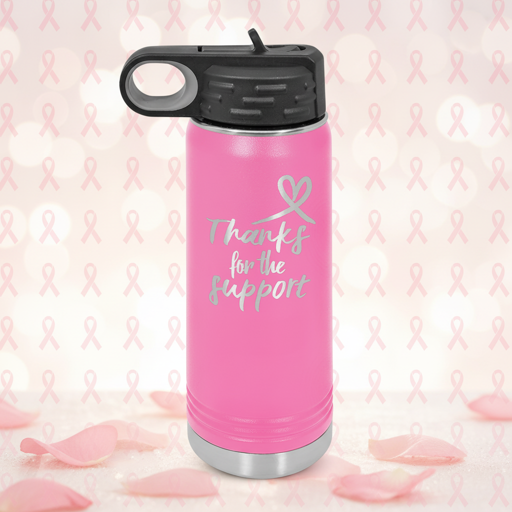 Pink water bottle with 'Thanks for the Support' text and heart design on a white background