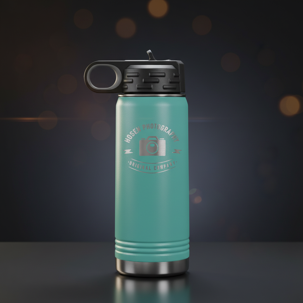Turquoise insulated bottle with black lid on a white background